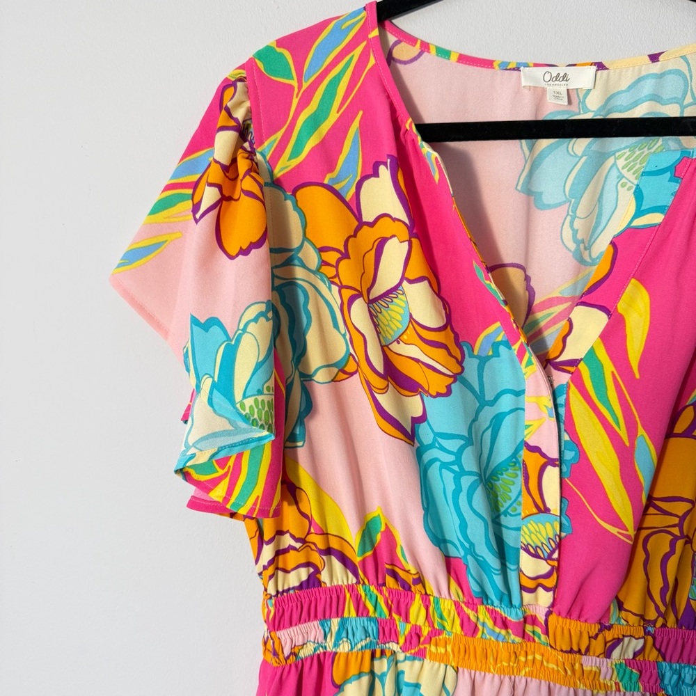 Boho Floral Tiered Maxi Dress Pink Tropical Cottagecore Ruffle Sleeve XL Oddi‎ - Picture 6 of 7